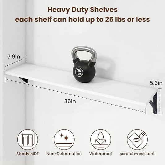 Axeman 36 Inch Floating Shelves | 8 Inch Deep White Wall Shelves Set of 2 | 36''W x 8''D Rustic White Wood Shelves for Bathroom Living Room Bedroom Kitchen