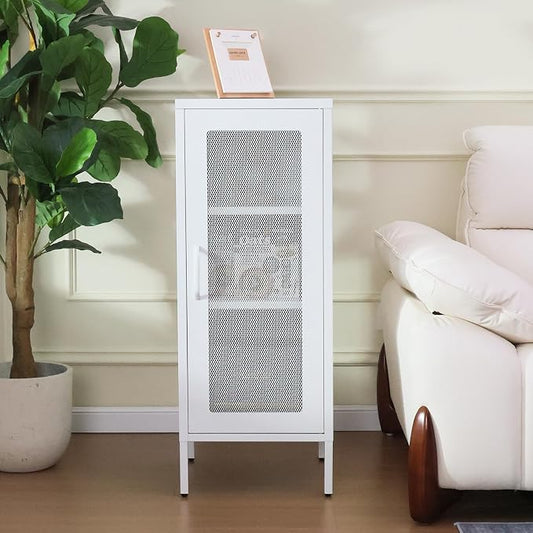 Slim Metal Storage Cabinet with Mesh Doors - 42'' Tall Narrow Organizer Tower, Compact Freestanding Cabinet, Versatile Utility Storage for Home, Office, Kitchen, Living Room, Durable and Modern Design