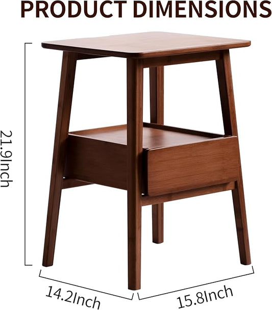 JIKUGO Nightstand Mid Century Modern and Drawers Display Cabinet for Bedroom Bamboo Bedside Tables 21.9x15.8x14.2in Night Stands Bed Side Table