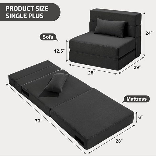 SUYOLS Folding Sofa Bed with Pillow- Convertible Chair Floor Couch & Sleeping Mattress, Foldable Memory Foam Sleeper for Living Room/Dorm/Guest Room/Home Office/Apartment/Loft, Single28, Dark Gray