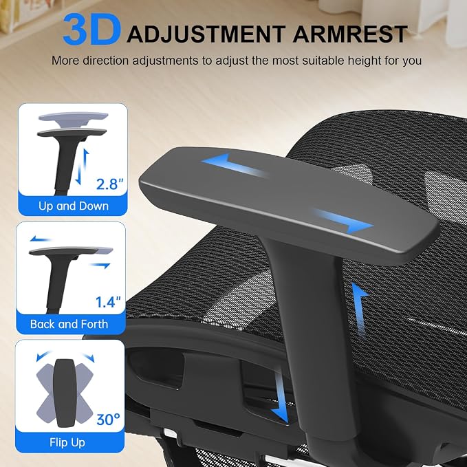 Freepub Ergonomic Mesh Office Chair, Home Desk Chair with Adjustable Lumbar Support, 3D Headrest and Armrests, Reclining Big and Tall High Back Computer Gaming Chair for Man Women, 350lbs, Black