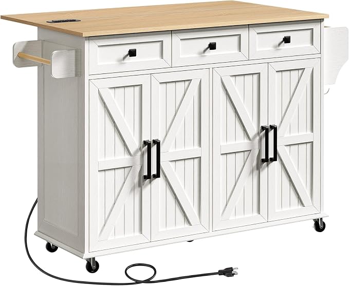 RALGEND Kitchen Island with Drop Leaf & Power Outlet, Rolling Kitchen Island Cart On Wheels, Barn Door Kitchen Island Table with Storage and Tower Rack, Island Table for Kitchen, White and Natural