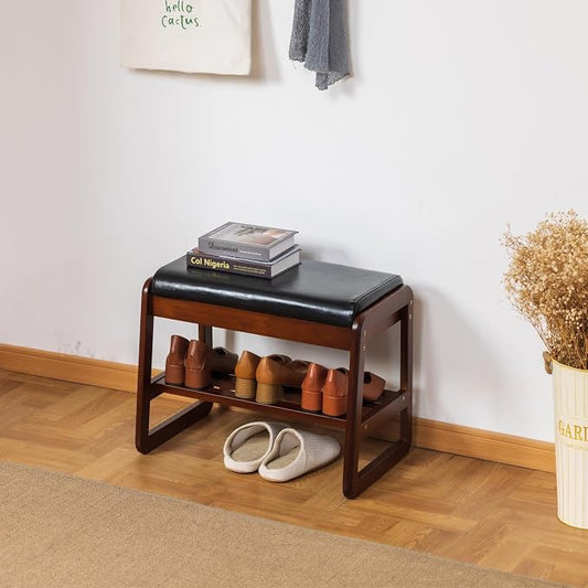 latifolia Solid Wood Bench, Entryway Shoe Bench with Cushion, Flip-Open Storage Compartment, 2-Tier Shoe Organizer(Black,21.65''L)