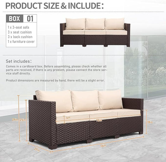 Valita Patio Furniture 3-seat Sofa Brown Wicker Outdoor Furniture Outdoor Couch Deep Seat High Backrest Waterproof Cover Anti-Slip Washable Cushions, Khaki