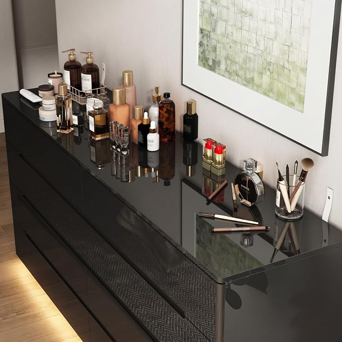 Modern High Gloss Dresser with LED Lights, 8 Drawer Dresser for Bedroom, Bottom Warm Lights, Handle-Free Design, 63" Contemporary Chest of Drawers Black 63" W x 15.7" D x 30.9" H