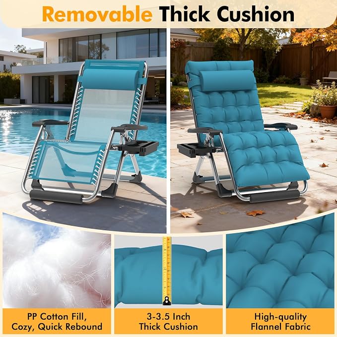 Slendor Oversized Zero Gravity Chairs XXL, 33IN Padded Zero Gravity Lounge Chair, Folding Reclining Patio Chair Lawn Recliner w/Aluminum Alloy Lock, Headrest, Cup Holder, Support 500lbs, Light Blue