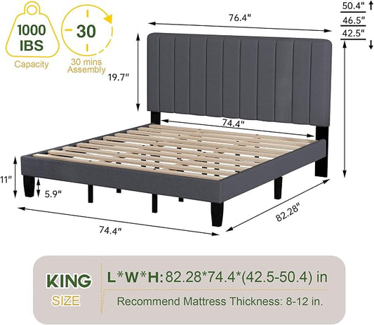 King Size Bed Frame with Headboard, Platform Bed with Soft Linen Upholstered Headboard | Wooden Slats Support | Adjustable Height | No Box Spring Needed, King Bed Frame Grey