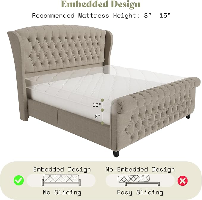 AMERLIFE King Size Platform Bed Frame, Linen Upholstered Sleigh Bed with Scroll Wingback Headboard & Footboard/Button Tufted/No Box Spring Required/Khaki