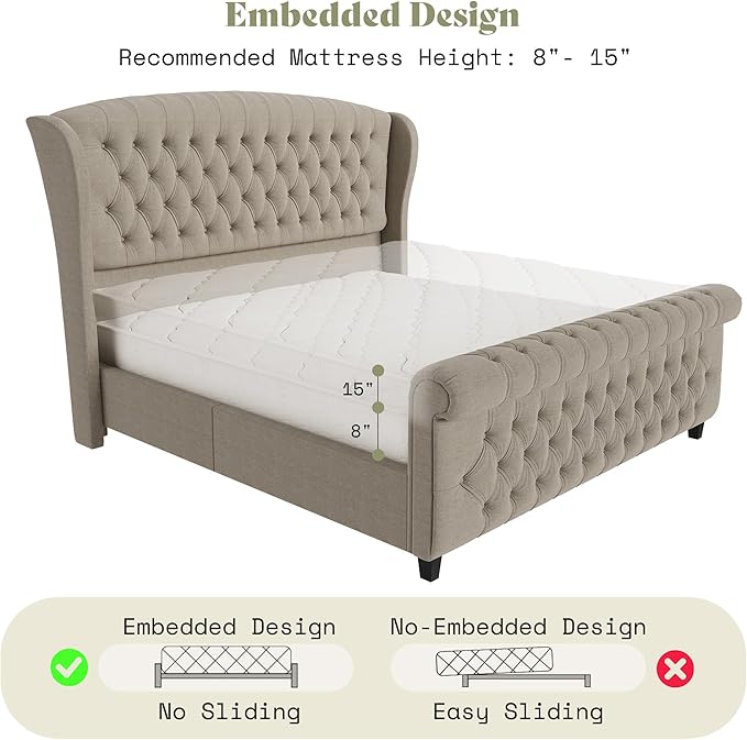 AMERLIFE Queen Size Platform Bed Frame, Linen Upholstered Sleigh Bed with Scroll Wingback Headboard & Footboard/Button Tufted/No Box Spring Required/Khaki