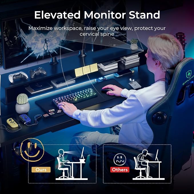 GTPLAYER Electric Standing Desk with Drawers, 55 x 24 Inch Height Adjustable Gaming Desk with Monitor Stand, Power Outlets & LED Lights, Home Office Sit Stand Up Desk with Memory Preset (Black)