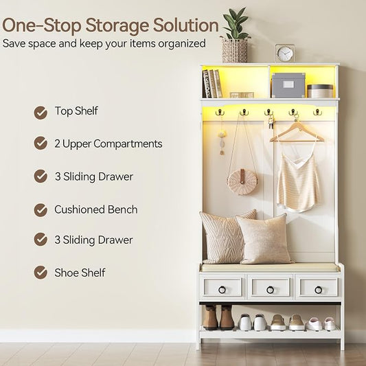 Gurexl 67” Farmhouse Hall Tree with Shoe Storage, Auto Sensor Wood Coat Tree with LED Lights, 3-in-1 Entryway Bench with Coat Rack, Hooks and Drawers for Hallway, Living Room, Bedroom (White)