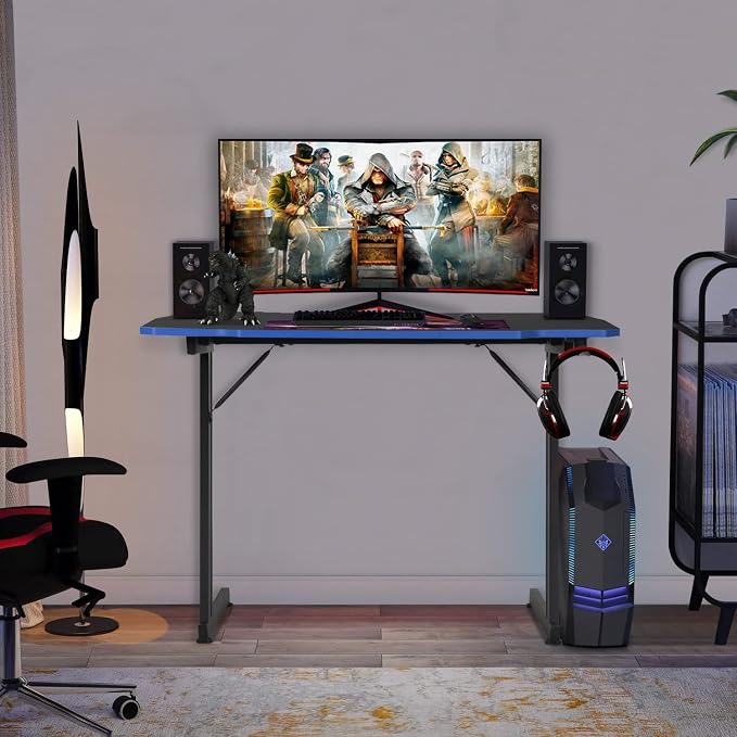 BestOffice Gmaing Desk Z Shaped 39.4in Computer Gaming Workstation Ergonomic Gaming Table with Headphone Hook for Game Players, Blue