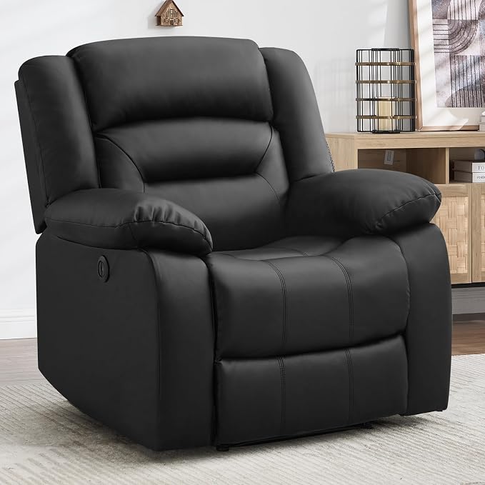 EBELLO Classic Power Recliner Chair, Faux Leather Oversized Electric Overstuffed Reclining Chair with Soft Cushion and Back, Sofa with Comfortable Armchair, Black
