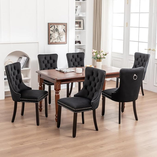 Hixkol Velvet Dining Chairs Set of 6,Upholstered Dining Chairs with Ring Pull Trim and Button Back,Modern Seating for Kitchen, Bedroom & Living Room(Black)