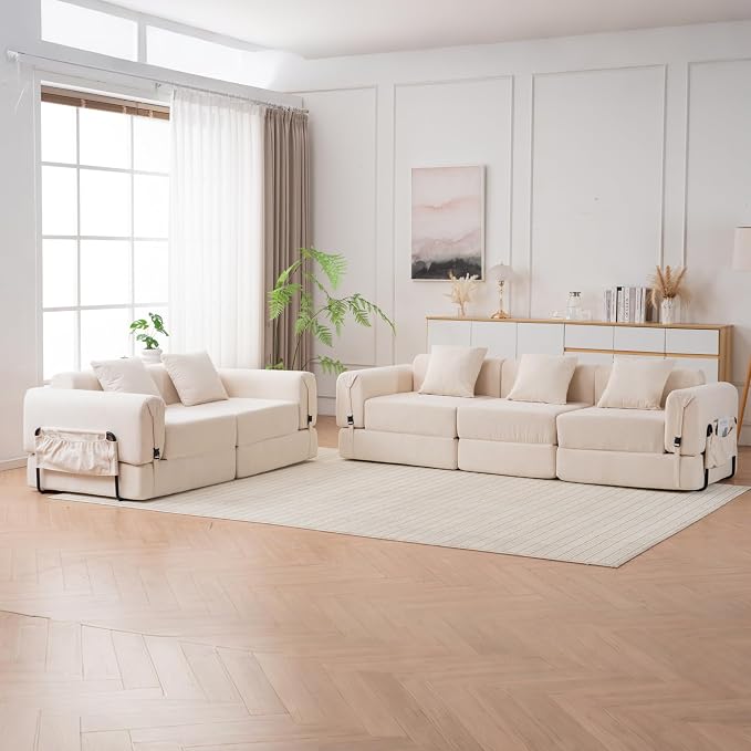 Cloud Modular Sectional Sofa, Foldable Floor Couch Bed, Convertible Sleeper Sofa Bed, Fold Out Boneless Couches for Living Room, Office, Guest Room, Apartment (3 Seater Couch, Beige)