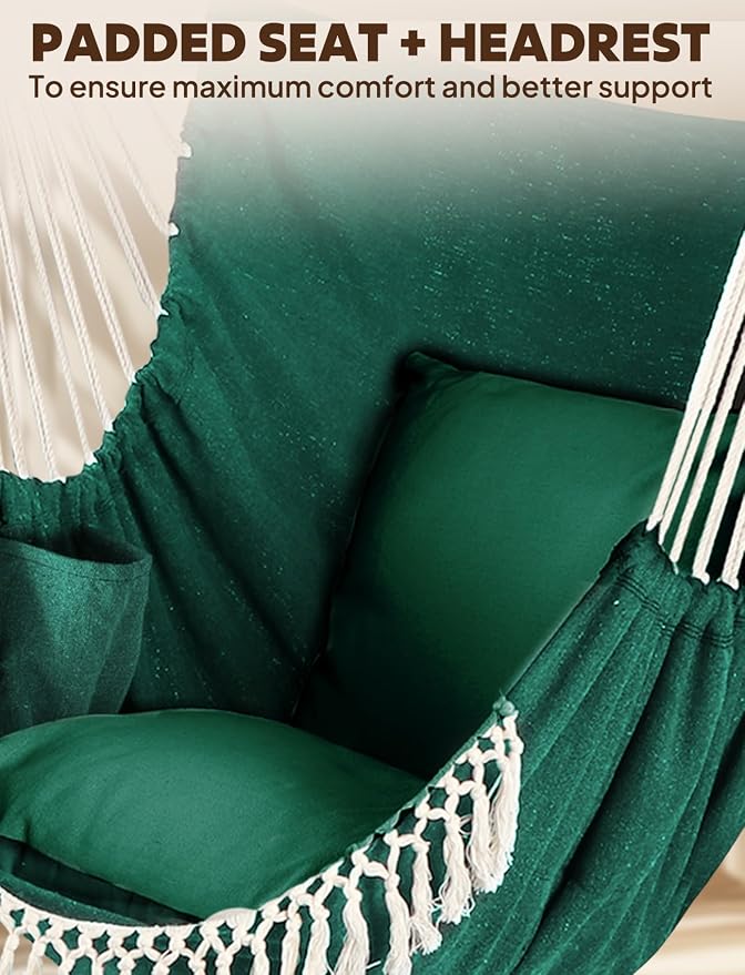 Chihee Hammock Chair Hanging Swing 2 Pillows Included,Strong Webbing Straps and Hooks for Easy Hanging Soft Cotton Hanging Chair Side Pocket Tassel Chair Comfort Indoor Outdoor