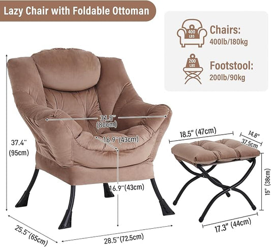 Furlide Lazy Chair with Ottoman, Modern Accent Chair with Armrests and a Side Pocket, Velvet Khaki Accent Chairs, Reading Chairs, Oversized Armchairs for Bedroom, Study, Living Room, Courtyard