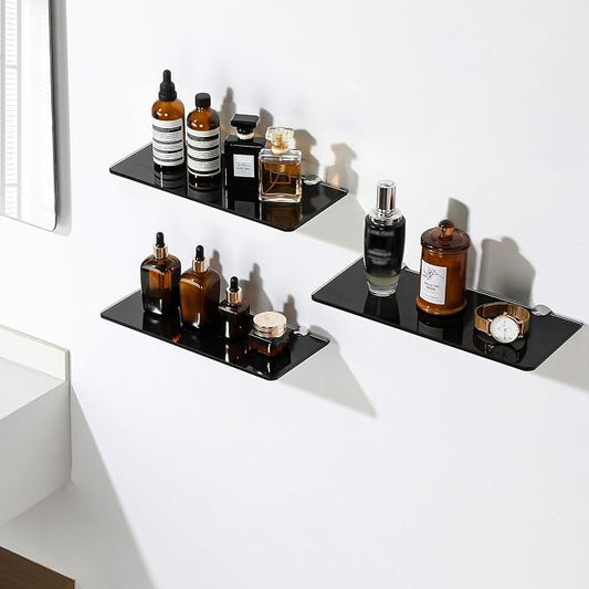 SAYAYO Glass Floating Shelves for Wall, Tempered Glass Shelves for Bathroom, Living Room, Bedroom, Office, Toilet, Kitchen Decor, 12Inch Set of 3, Black