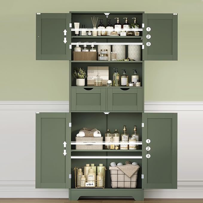 TEENFON 57.8" H Tall Bathroom Storage Cabinet with 2 Drawers & 2 Adjustable Shelves, Floor Cabinet with 4 Doors, Tall Cabinet for Living Room, Dining Room, Entryway, Forest Green