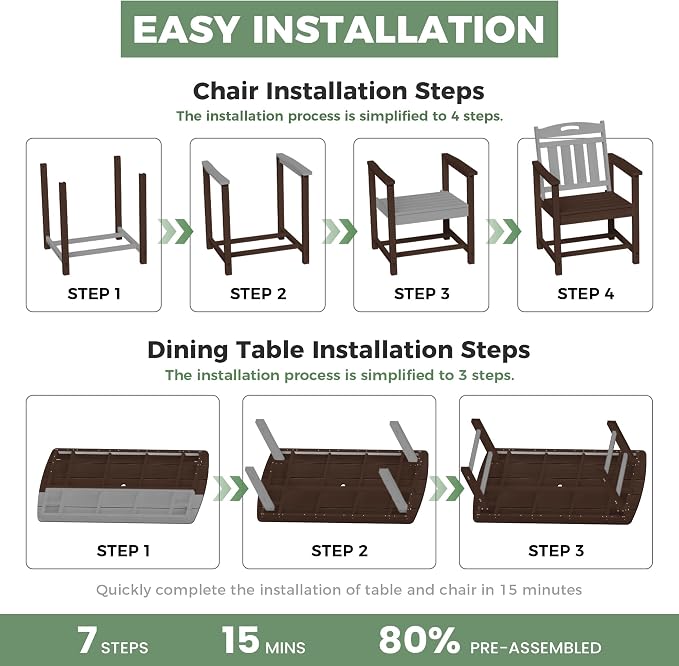 5-Piece Outdoor Dining Furniture Set with Chairs, All-Weather HDPE Patio Table and 4 Chairs, Umbrella Hole, for Garden Backyard or Deck - Brown