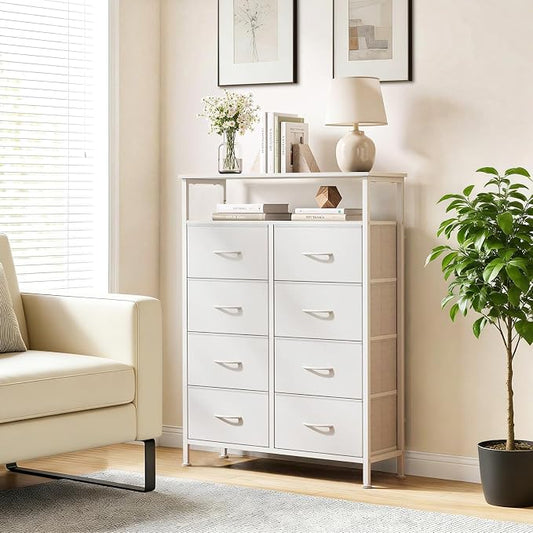 8 Drawers Dresser with Open Shelf, 46" Tall Storage Organizer Chest of Drawer with Wooden Top, Sturdy Metal Frame for Bedroom, Hallway, Living Room, White