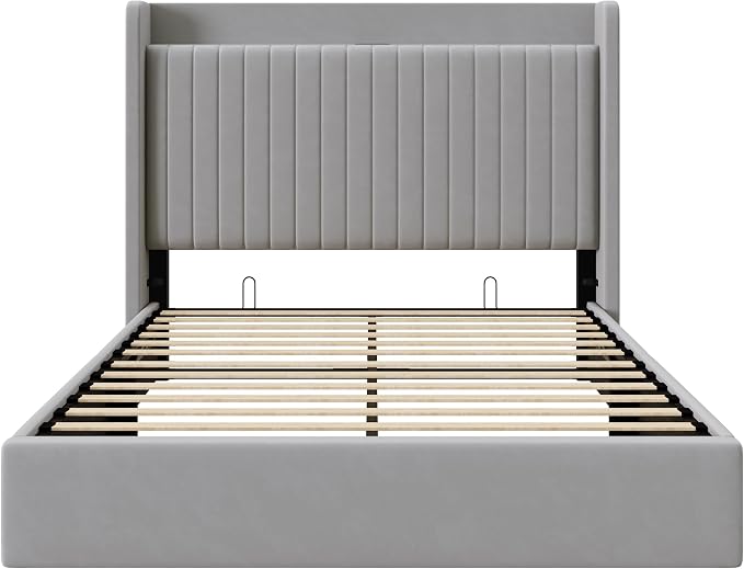 Allewie Queen Size Lift Up Storage Bed Frame,Storage Shelf Headboard with Charging Station,Type-C and USB Ports,Hydraulic Support,Velvet Upholstered Bed Frame,No Box Spring Needed,Grey