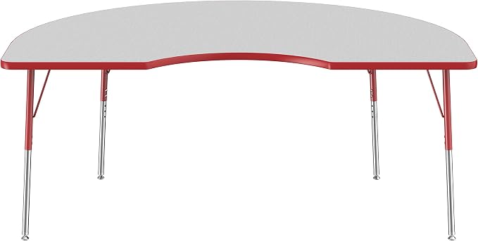 FDP Kidney Activity School and Office Table (48 x 72 inch), Standard Legs with Swivel Glides for Collaborative Seating Environments, Adjustable Height 19-30 inches - Gray Top and Red Edge
