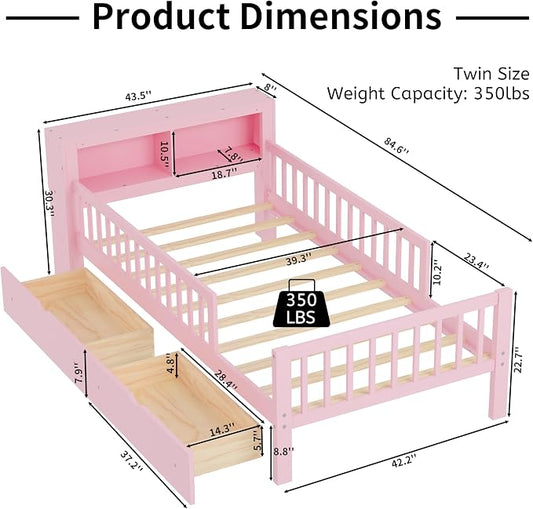 Kids Twin Size Bed Frame with Storage Drawers and Bookcase,Wood Twin Bed Frames for Kids,Twin Bed Frame with Headboard and Footboard for Boys Girls,No Box Spring Needed,Pink