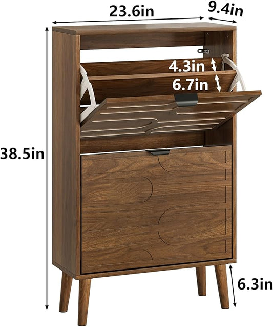 Shoe Cabinet Storage for Entryway with 2 Flip Drawers, Narrow Shoe Cabinet for Entryway, Hidden Slim Shoe Organizer Rack Cabinet (Brown, 23.6" W)