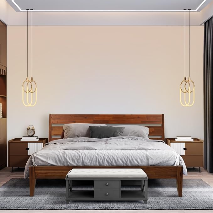 Acacia Emery Bed Frame with Headboard Solid Wood Platform Bed, King Size Bed Frame, Mid - Century Modern Wood Bed Compatible with All Mattresses, Easy Assembly, Non-Slip, Chocolate.