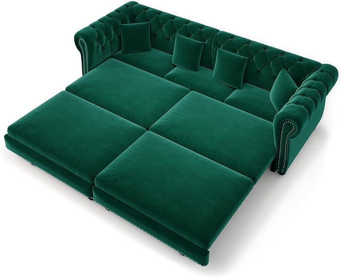 89'' Pull Out Sofa Bed King, Chesterfield Velvet Sleeper Sofa, Convertible L-Shaped Futon Couch, Tufted Back, 4 Pillows, Ottoman, Deep Seat Loveseat Couches for Living Room, Apartment, Green