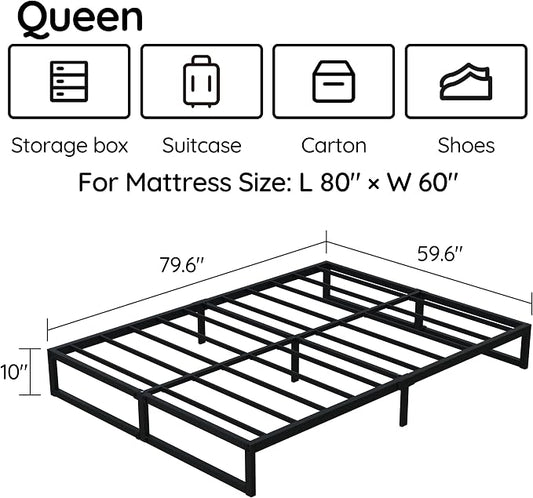 Richwanone 10 Inch Queen Bed Frame Metal Platform Bed, Black | Queen Size Bed Frame, Mattress Foundation with Steel Slat Support, No Box Spring Needed, Easy Assembly