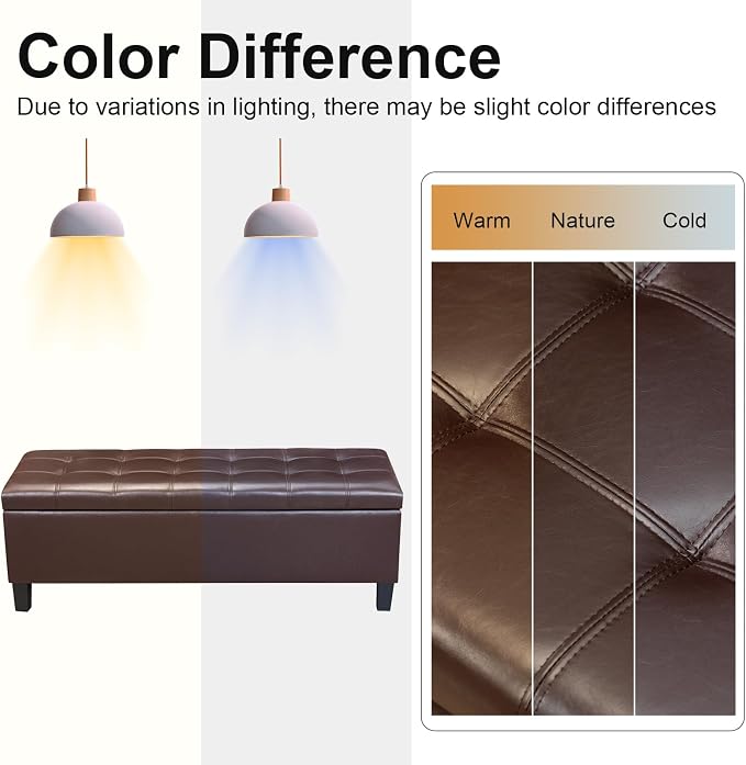Asense 45" Storage Ottoman Bench,Faux Leather Upholstered Ottoman with Legs,Tufted Ottoman with Safety Hinge,Storage Bench for Bedroom,Living Room,Entryway,Chocolate Brown