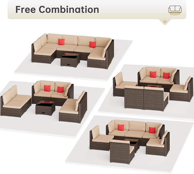 LHBcraft 7 Piece Patio Outdoor Furniture Set, Outdoor Sectional Furniture, Outside Patio Sofa Sectional All-Weather Manual Weaving PE Rattan Wicker, Beige Cushion and Glass Table