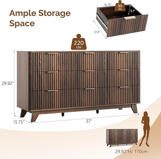 VINGLI Fluted Walnut Dresser 9 Drawer, Dark Wood Dresser Brown with Rounded Edges, 57" Long Mid Century Modern Dressers for Bedroom, 57" W*15.75" D*29.92" H
