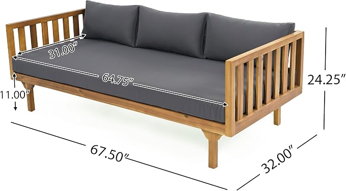 Merax Outdoor Acacia Wood Conversation Set - Patio 3-Seat Loveseat Sofa w/Coushion and Round Coffee Table for Backyard, Lawn, Balcony, Teak+Dark Gray