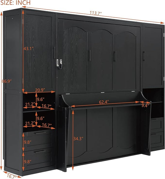 Merax Queen Size Murphy Bed with Desk, Multifunctional Foldable Wall Bed with Closet, Drawers and Shelves, Space-Saving Wood Bed Frame for Small Space Studio Study Office Guest Room, Black(Oak Veneer)