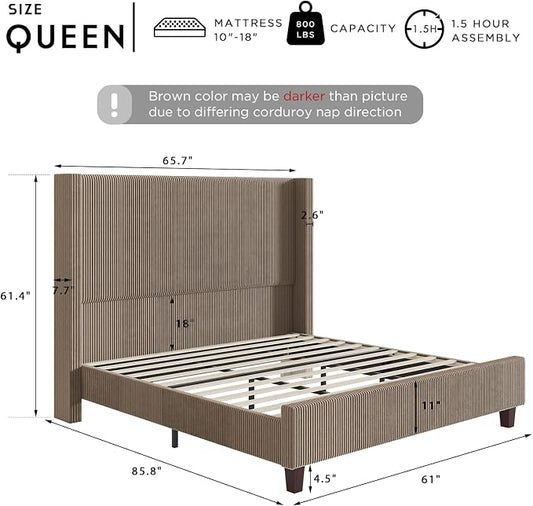 HOWE Queen Bed Frame with 61.4" Extra Tall Headboard, Corduroy Upholstered Bed with Vertical Wingback Headboard, No Box Spring Needed/Noise Free/Solid Wood Slats/Brown