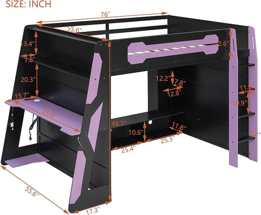 Merax Full Size Loft Bed with Desk, Multi-Storage Shelves and RGB Light | Space-Saving Wooden Gaming Bed Frame with Charging Station and Guardrail