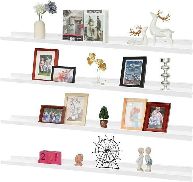 PHOENANCEE Long Floating Shelves for Wall 57 Inch,Real Wood Picture Ledge with Lip Set of 4,Photo Frame Storage Display for Living Room Nursery Bedroom Bathroom Kitchen Home Office Decor (White)