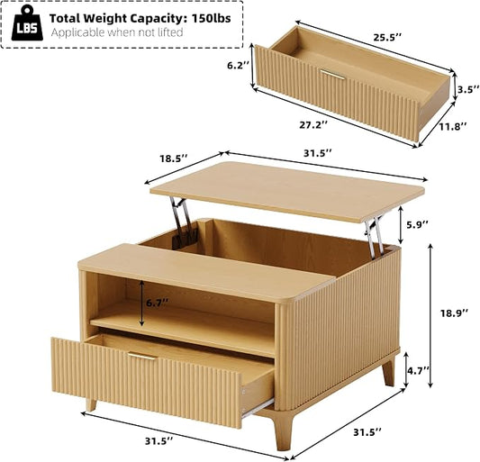 31.5" Square Fluted Lift Top Coffee Table for Living Room, Fluted Lift Top Coffee Tables with Hidden Storage, Modern Center Table,Giratree Stand Up Coffee Table for Home Living Room Office