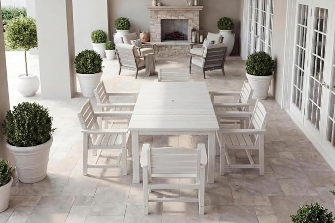 Perli™ 7-Piece Outdoor Dining Set, All-Weather HDPE Patio Furniture with 6 Ergonomic Chairs & Large Table, Built-in Umbrella Hole, UV-Resistant Set for Backyard, Deck, Poolside, White