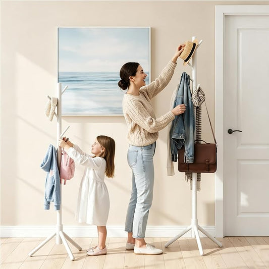2 PC Wooden Coat Rack Freestanding with 8 Hooks & 3 Adjustable Sizes for Clothes, Space-Saving Design for Bedroom Office Entrance Holds Hats Coats Scarves Bags