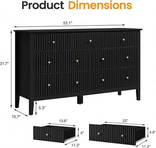 RoyalCraft 7 Drawer Dresser for Bedroom, 53" Wide Modern Wooden Chest of Drawers with Metal Handles, Painted Surface, Sturdy and Stable Storage Cabinet for Living Room, Black