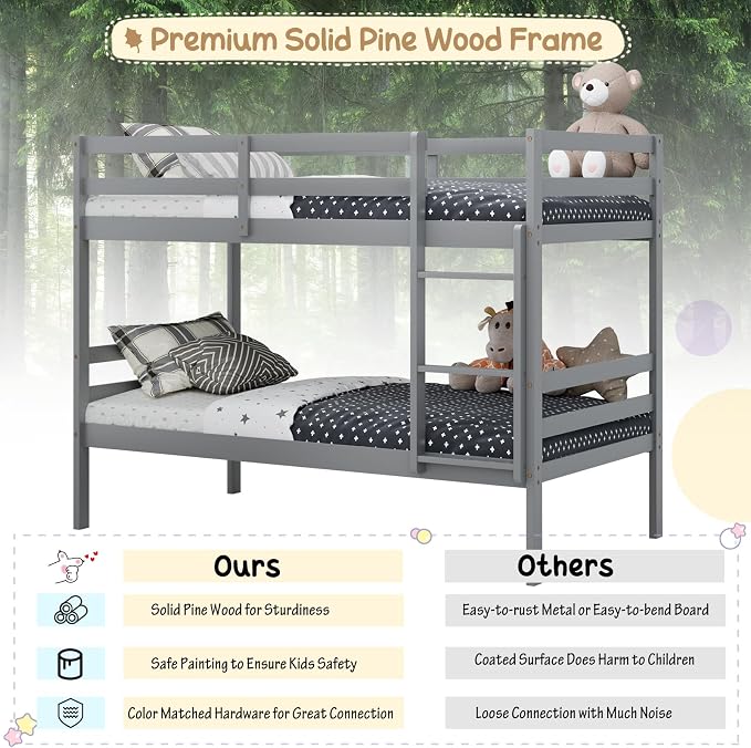 KOMFOTT Wood Bunk Bed Twin Over Twin, Bunk Bed with Ladder & Safety Guardrail, Solid Wood Bed Frame, Ideal for Dormitory & Multiple-Child Family, No Box Spring Needed, Kids Bunk Bed