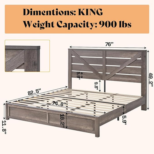 AMERLIFE King Size Bed Frame with 49.2" Barn Door Headboard and Footboard, Farmhouse Platform Bed Frame with Wood Slats, No Box Spring Needed, Under Bed Storage, Rustic Gray