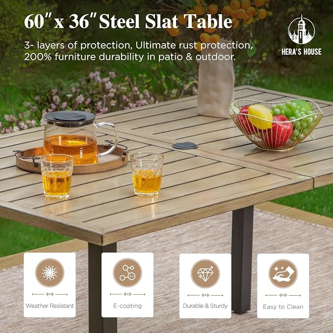 HERA'S HOUSE Patio Table and Chairs for 6, 7 Pieces Outdoor Deck Dining Sets, Wood-Like Rectangular Metal Table Set with Chairs for Lawn Garden Backyard, Blue