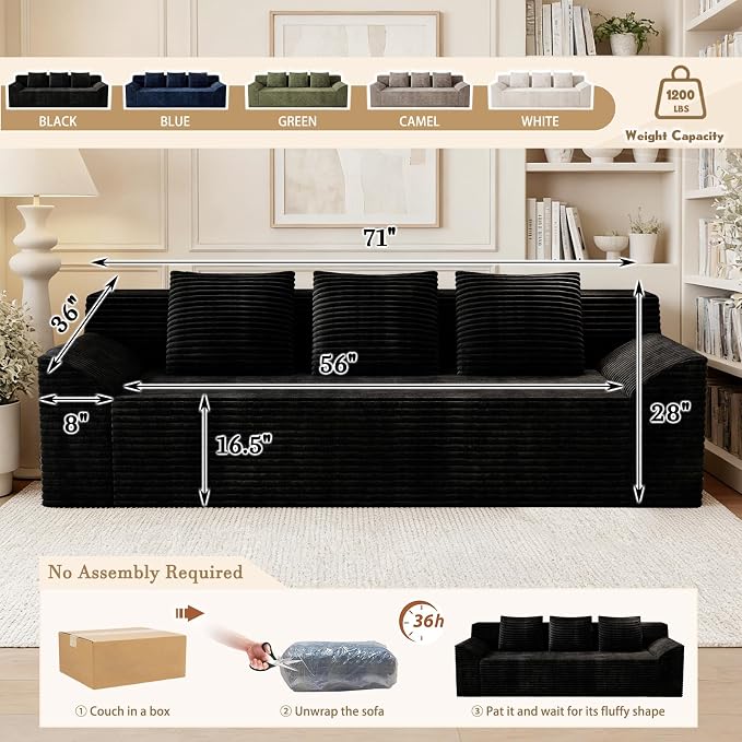 71" Corduroy Living Room Sofa, 3 Setaser Deep Seat Couch with 3 Lumbar Pillows, Comfy Boneless Sofa Modern Compressed Couch for Bedroom, Office, Apartment, No Assembly, Curved Armrests (Black)