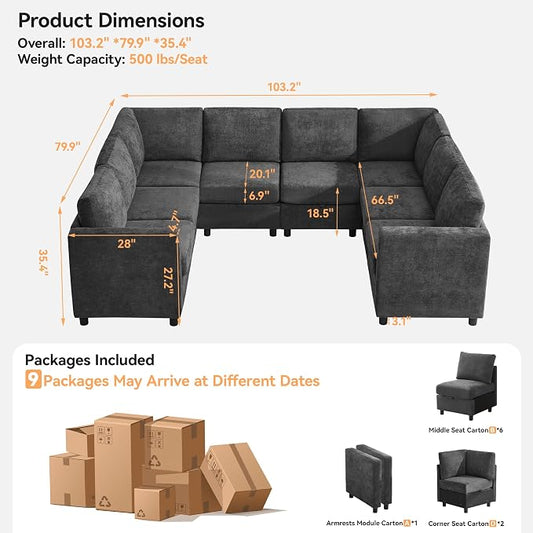 104'' U Shaped Modular Sofa, Sectional Couches with Storage for Living Room, Oversized 8 Seater Cloud Sectional Couch, Chenille Dark Grey