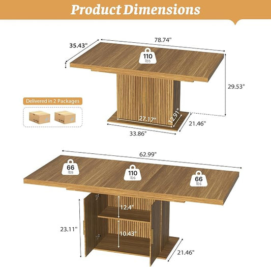 Zevemomo 62.99"-78.74" Expandable Dining Table with Storage, Extendable Dining Table for 6-10 People, Extra Hidden Storage for Tableware & Wine, Modern Farmhouse Table for Kitchen Living Room-Brown